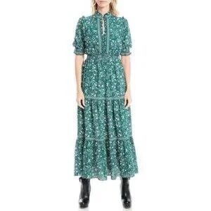 Max Studio Teal Floral ruffled Maxi Dress with elastic waist Size 8 Like New